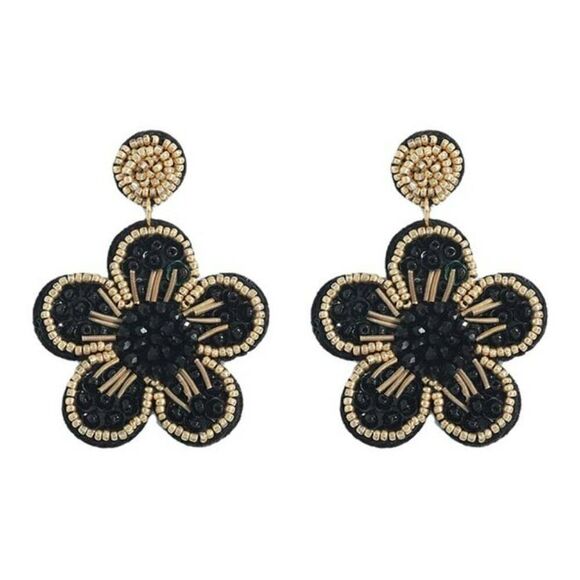 Flower Black Seed Bead Trim Dangle Earrings - Picture 2 of 6